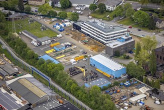 Aerial view, construction site and new building administration building of Emscher Lippe Energie