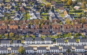 Aerial view, housing estates from three different eras: Colliery housing estate, detached houses