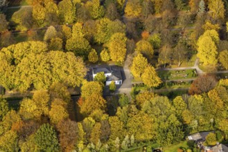 Aerial view, autumn colours at Brauck cemetery in the Brauck district of Gladbeck, Ruhr area, North