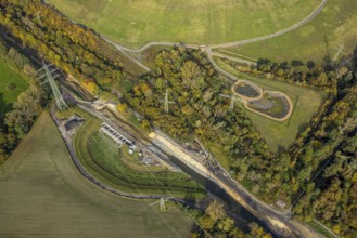Aerial view, river Boye renaturalisation in the district Boy in Bottrop, Ruhr area, North