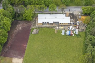 Aerial view, construction site and new building of modular kindergarten at Berliner Straße,