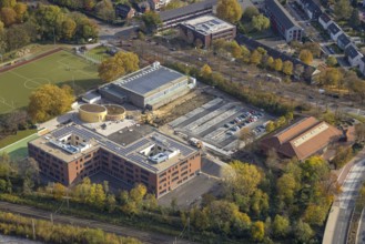Aerial view, Heisenberg Gymnasium with solar roof and Artur Schirrmacher sports hall in Gladbeck,