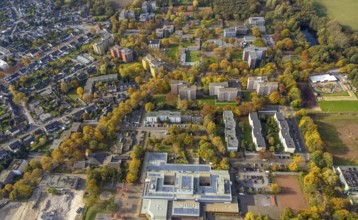 Aerial view, Ingeborg-Drewitz comprehensive school and high-rise housing estate Berliner Straße and