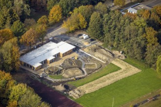 Aerial view, construction site with new building of a municip. Kindergarten Berliner Straße in the
