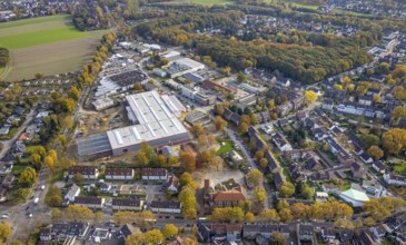 Aerial view, industrial area Krusenkamp with construction site and new building for planned DIY