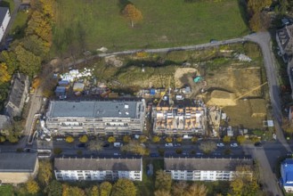 Aerial view, Schlägel und Eisen housing estate with construction site for the new construction of a