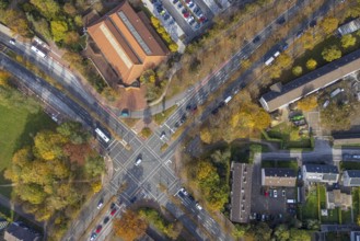 Aerial view, intersection Sandstraße and Konrad-Adenauer-Allee with red cycle path marking in