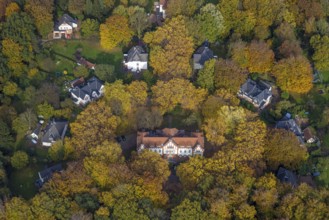 Aerial view, music school of the city of Gladbeck in the autumnal forest in the district Rentfort