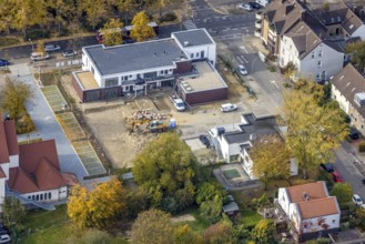 Aerial view, construction site with new kindergarten building at the former Bonhoeffer-Haus in the