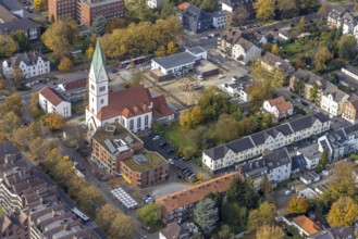 Aerial view, Christ Church and construction site with new kindergarten at the former Bonhoeffer