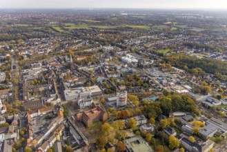 Aerial view, townscape with Stadtsparkasse Gladbeck high-rise building and St. Lamberti Catholic