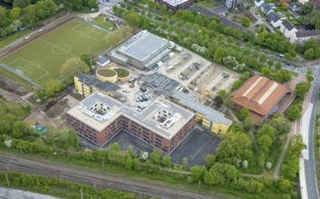 Aerial view, construction site and new building Heisenberg-Gymnasium, Gladbeck, Ruhr area, North