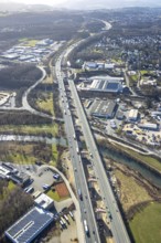 Aerial view of the Lennetal bridge, motorway A45 Sauerlandlinie shortly in front of the lane shift,