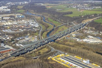 Aerial view of the Lennetal bridge, motorway A45 Sauerlandlinie shortly in front of the lane shift,
