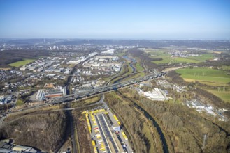 Aerial view of the Lennetal bridge, motorway A45 Sauerlandlinie shortly in front of the lane shift,