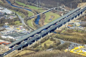 Aerial view of the Lennetal bridge, motorway A45 Sauerlandlinie shortly in front of the lane shift,