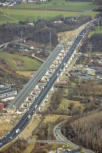 Aerial view of the Lennetal bridge, motorway A45 Sauerlandlinie shortly in front of the lane shift,