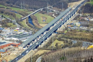 Aerial view of the Lennetal bridge, motorway A45 Sauerlandlinie shortly in front of the lane shift,