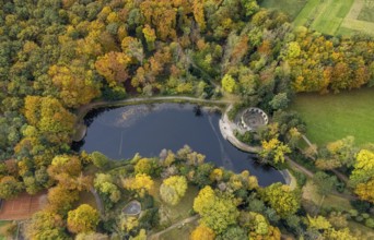 Aerial view, Wittringen memorial in the autumnal Wittringer Forest in Gladbeck, Ruhr area, North