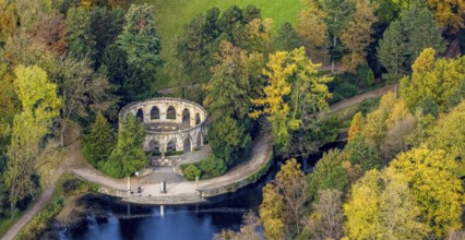 Aerial view, Wittringen memorial in the autumnal Wittringer Forest in Gladbeck, Ruhr area, North