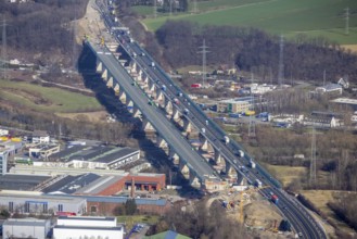 Aerial view of the Lennetal bridge, motorway A45 Sauerlandlinie shortly in front of the lane shift,
