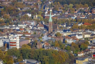 Aerial view, townscape with Stadtsparkasse Gladbeck high-rise building and St. Lamberti Catholic