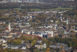 Aerial view, city view with town hall and Stadtsparkasse Gladbeck high-rise building as well as the