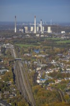 Aerial view, railway system and station Gladbeck West as well as Uniper power plants in the