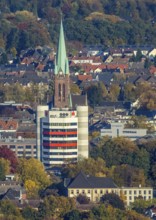 Aerial view, Stadtsparkasse Gladbeck tower block and St. Lamberti Catholic Church in Gladbeck, Ruhr