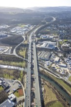 Aerial view of the Lennetal bridge, motorway A45 Sauerlandlinie shortly in front of the lane shift,