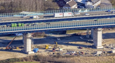 Aerial view, construction site, new construction of a section of the Lennetal Bridge, Lennetal,