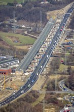 Aerial view of the Lennetal bridge, motorway A45 Sauerlandlinie shortly in front of the lane shift,