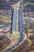 Aerial view of the Lennetal bridge, motorway A45 Sauerlandlinie shortly in front of the lane shift,