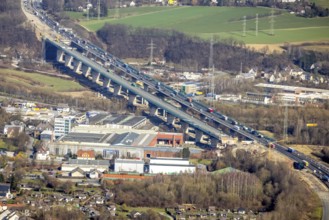 Aerial view of the Lennetal bridge, motorway A45 Sauerlandlinie shortly in front of the lane shift,