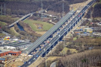 Aerial view of the Lennetal bridge, motorway A45 Sauerlandlinie shortly in front of the lane shift,