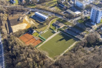 Aerial view, construction site and volunteer fire brigade Hagen Eppenhausen, district sports