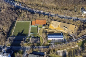 Aerial view, construction site and volunteer fire brigade Hagen Eppenhausen, district sports