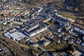 Aerial view, construction site demolition Block-1 Karree, planned new building kindergarten and