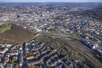 Aerial view, railway station rear view, commercial area Wehringhauser Straße, forest area Postkopf,