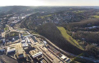 Aerial view, station background, commercial area Wehringhauser Straße, forest area Postkopf,