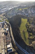 Aerial view, railway station rear view, commercial area Wehringhauser Straße, forest area Postkopf,