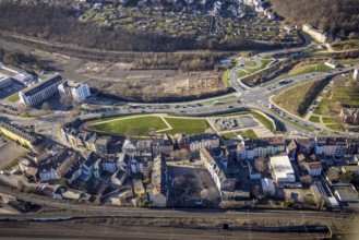 Aerial view, Wehringhauser Straße and river Ennepe, Bohne Park Hagen, Varta-Insel construction