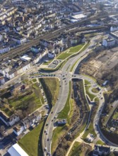 Aerial view, Wehringhauser Straße and river Ennepe, Bohne Park Hagen, Varta-Insel construction