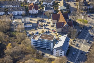 Aerial view, Edeka supermarket and residential building, lawyer's building with multi-storey car