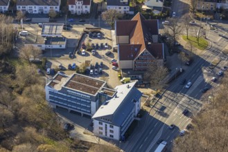 Aerial view, Edeka supermarket, lawyer's building and multi-storey car park, university district,