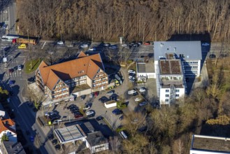 Aerial view, Edeka supermarket and residential building, lawyer's building with multi-storey car