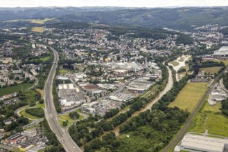 Aerial photo, Lennnehochwasser, Lennetal, Hagen, Ruhr area, North Rhine-Westphalia, Germany, DE,