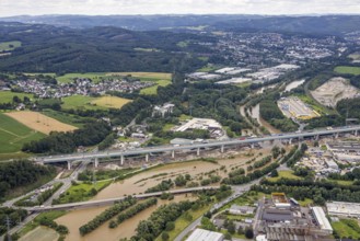 Aerial photo, Lennnehochwasser, Lennetal, Hagen, Ruhr area, North Rhine-Westphalia, Germany, DE,
