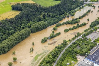 Aerial photo, Lennnehochwasser, Lennetal, Hagen, Ruhr area, North Rhine-Westphalia, Germany, DE,