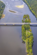 Aerial view, Hengsteysee with island and Ruhr bridge in the district Boele in Hagen, Ruhr area,